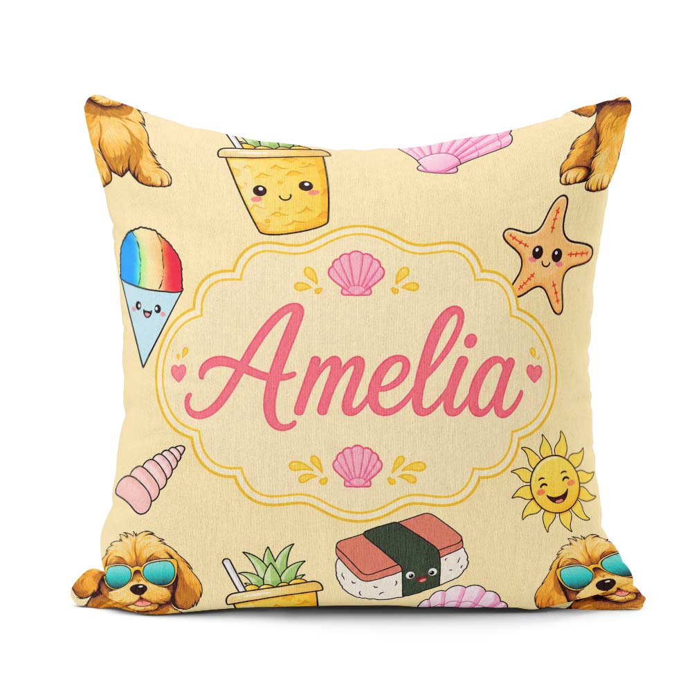 Custom Name Cute Summer Dog Yellow Background Ice Cream Starfish Square Filled Cushion Throw Pillow Sofa Bed Home Decor Zip Washable UK Made