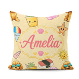 Custom Name Cute Summer Dog Yellow Background Ice Cream Starfish Square Filled Cushion Throw Pillow Sofa Bed Home Decor Zip Washable UK Made