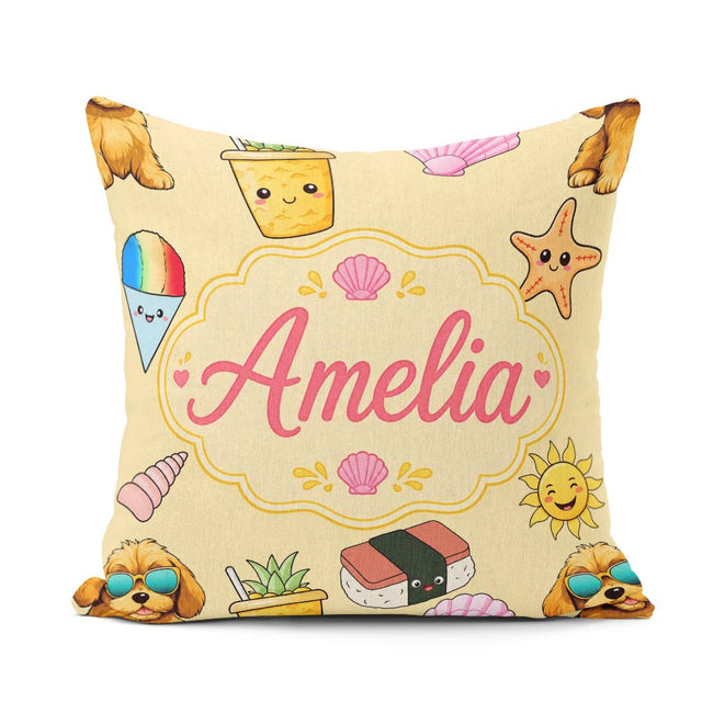 Custom Name Cute Summer Dog Yellow Background Ice Cream Starfish Square Filled Cushion Throw Pillow Sofa Bed Home Decor Zip Washable UK Made