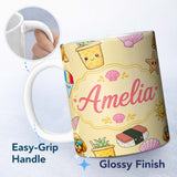 Personalized Custom Name Cute Summer Dog Yellow Background Ice Cream Starfish Seamless 11oz Ceramic Coffee Tea Mug White Large Handle