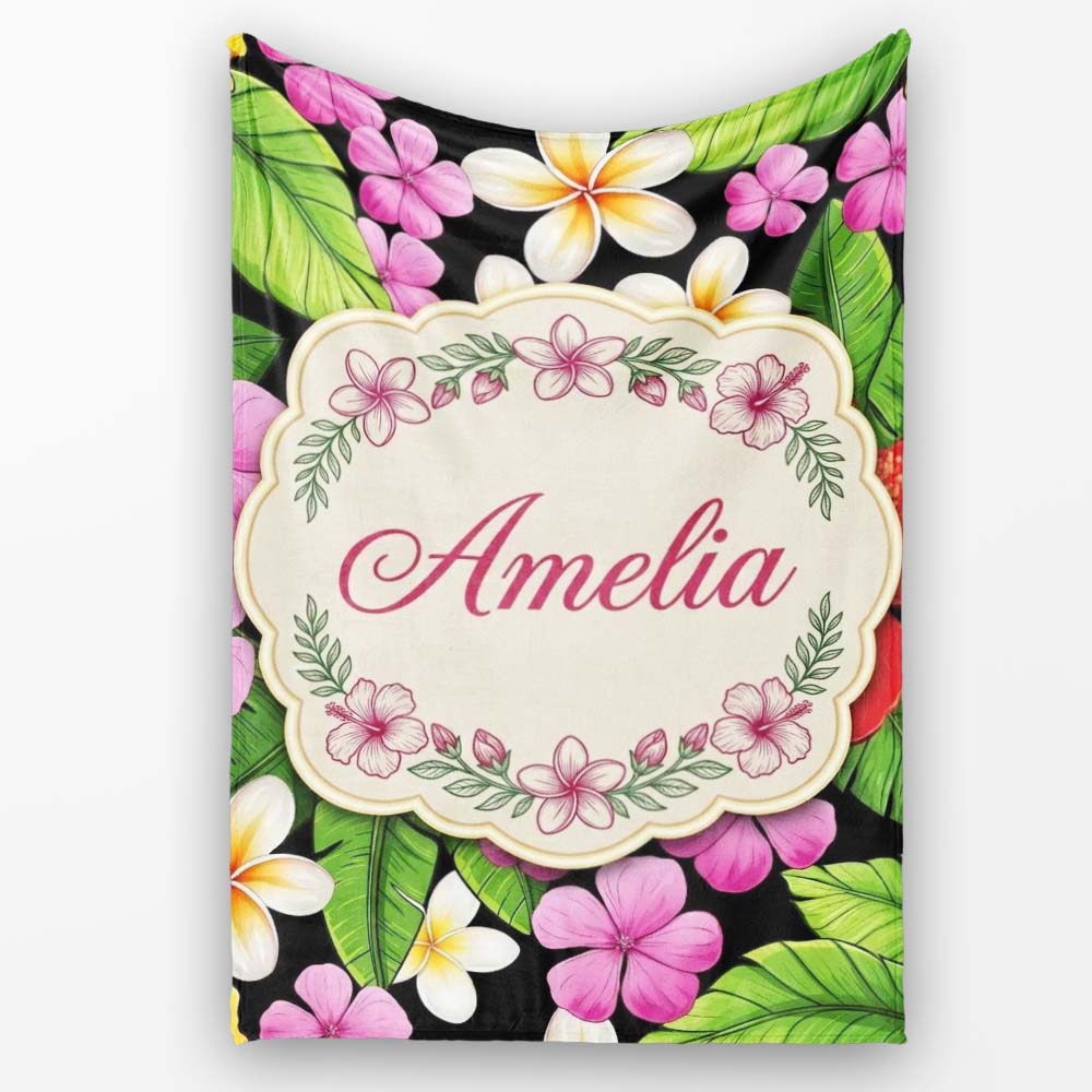 Tropical Hibiscus Flowers Plumeria Leaves Seamless Pattern Name Cute  Personalised Custom Name Super Soft Fleece Blanket Bed Sofa Throw