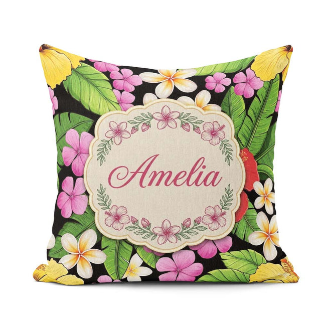 Custom Name Tropical Hibiscus Plumeria Leaves Seamless Name Cute Square Filled Cushion Throw Pillow Sofa Bed Home Decor Zip Washable UK Made