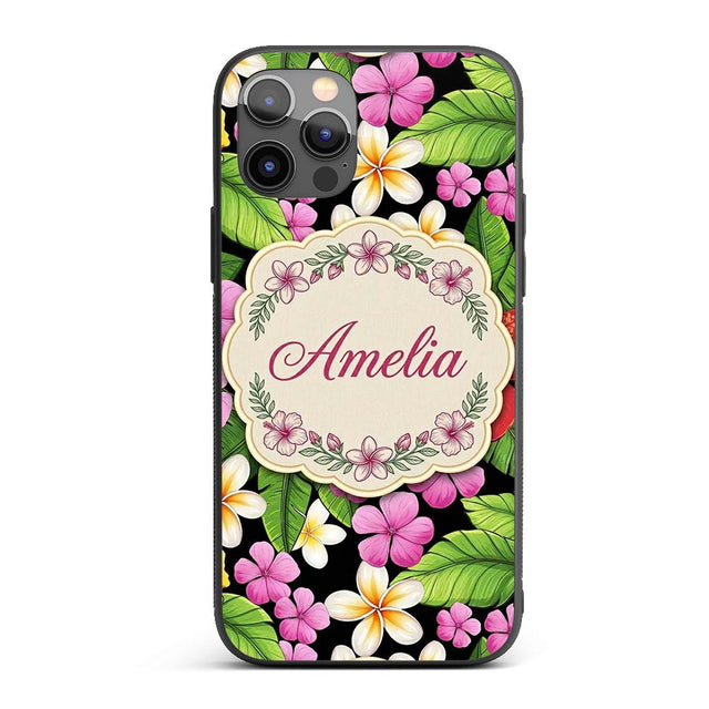 Tropical Hibiscus Flowers Plumeria Printed Design Custom Name Protective Phone Case Mobile Cover Durable Everyday Smartphone Shock Resistant