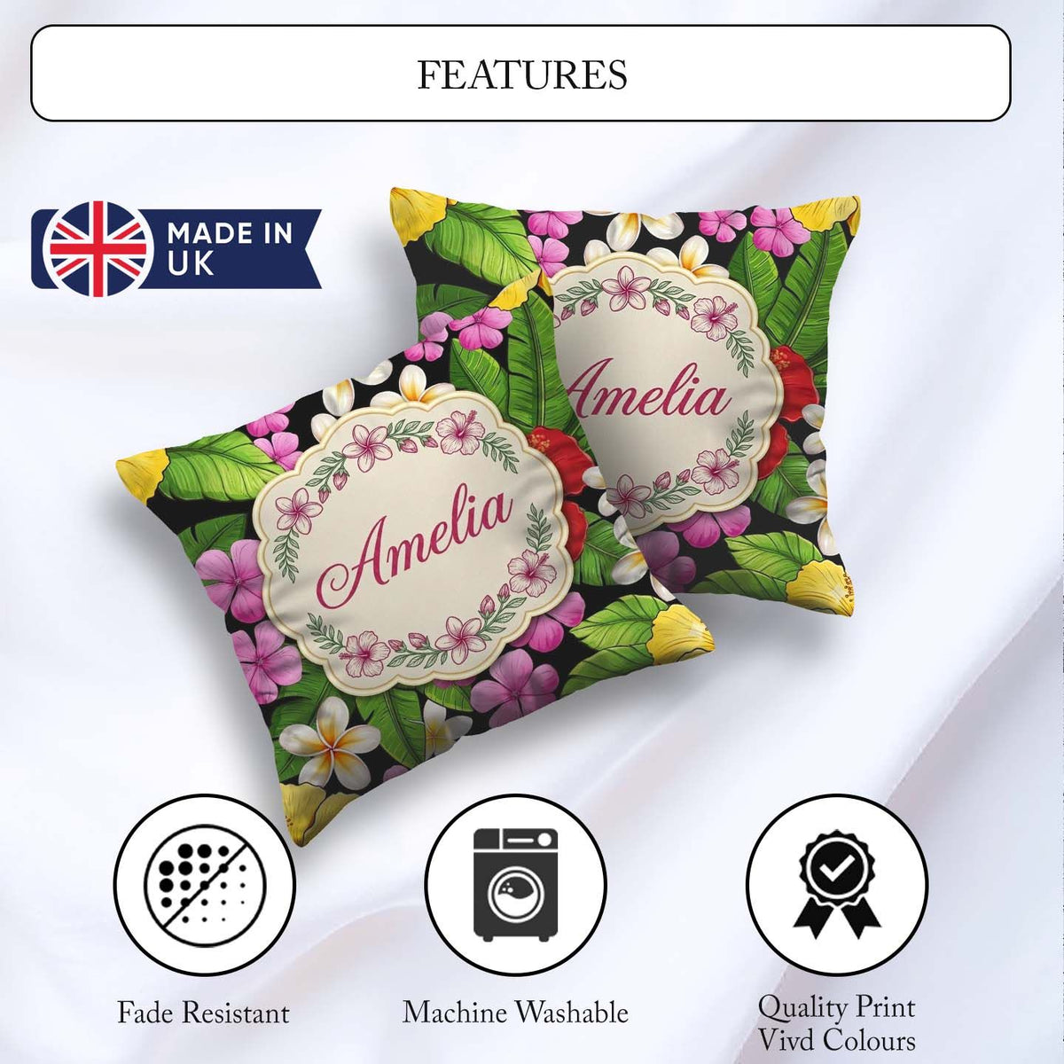 Custom Name Tropical Hibiscus Plumeria Leaves Seamless Name Cute Square Filled Cushion Throw Pillow Sofa Bed Home Decor Zip Washable UK Made