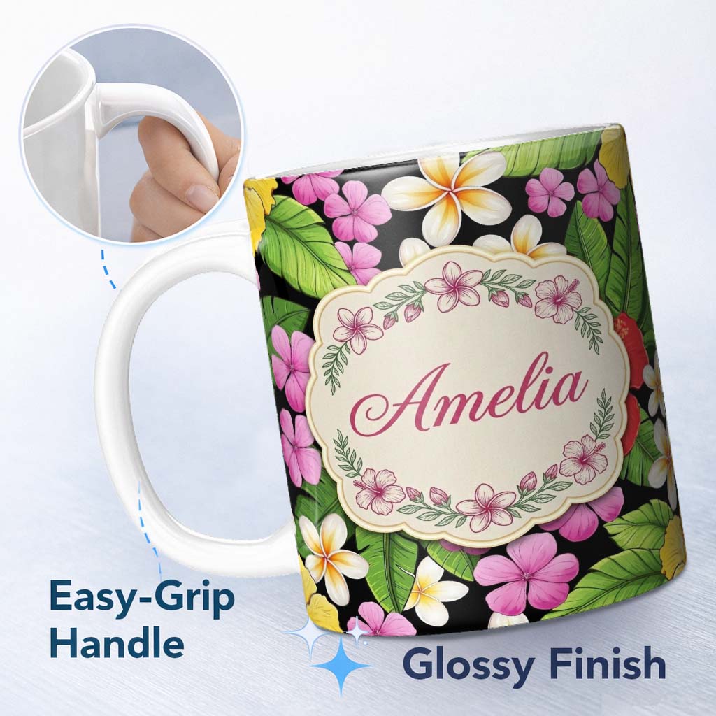 Personalized Custom Name Tropical Hibiscus Flowers Plumeria Leaves Seamless Pattern Name Cute 11oz Ceramic Coffee Tea Mug White Large Handle