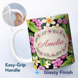 Personalized Custom Name Tropical Hibiscus Flowers Plumeria Leaves Seamless Pattern Name Cute 11oz Ceramic Coffee Tea Mug White Large Handle