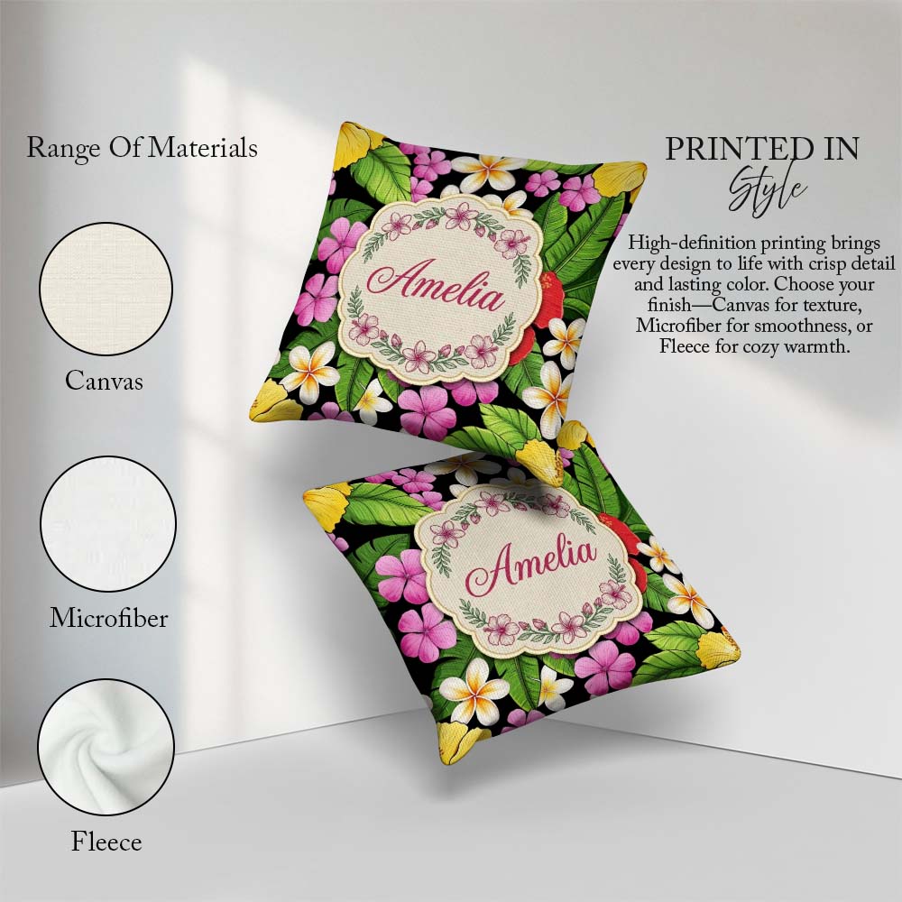 Custom Name Tropical Hibiscus Plumeria Leaves Seamless Name Cute Square Filled Cushion Throw Pillow Sofa Bed Home Decor Zip Washable UK Made