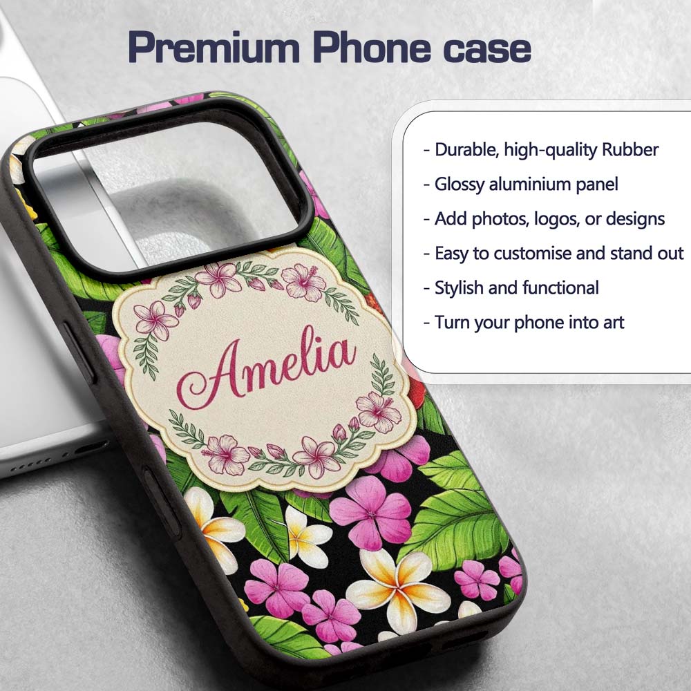 Tropical Hibiscus Flowers Plumeria Printed Design Custom Name Protective Phone Case Mobile Cover Durable Everyday Smartphone Shock Resistant
