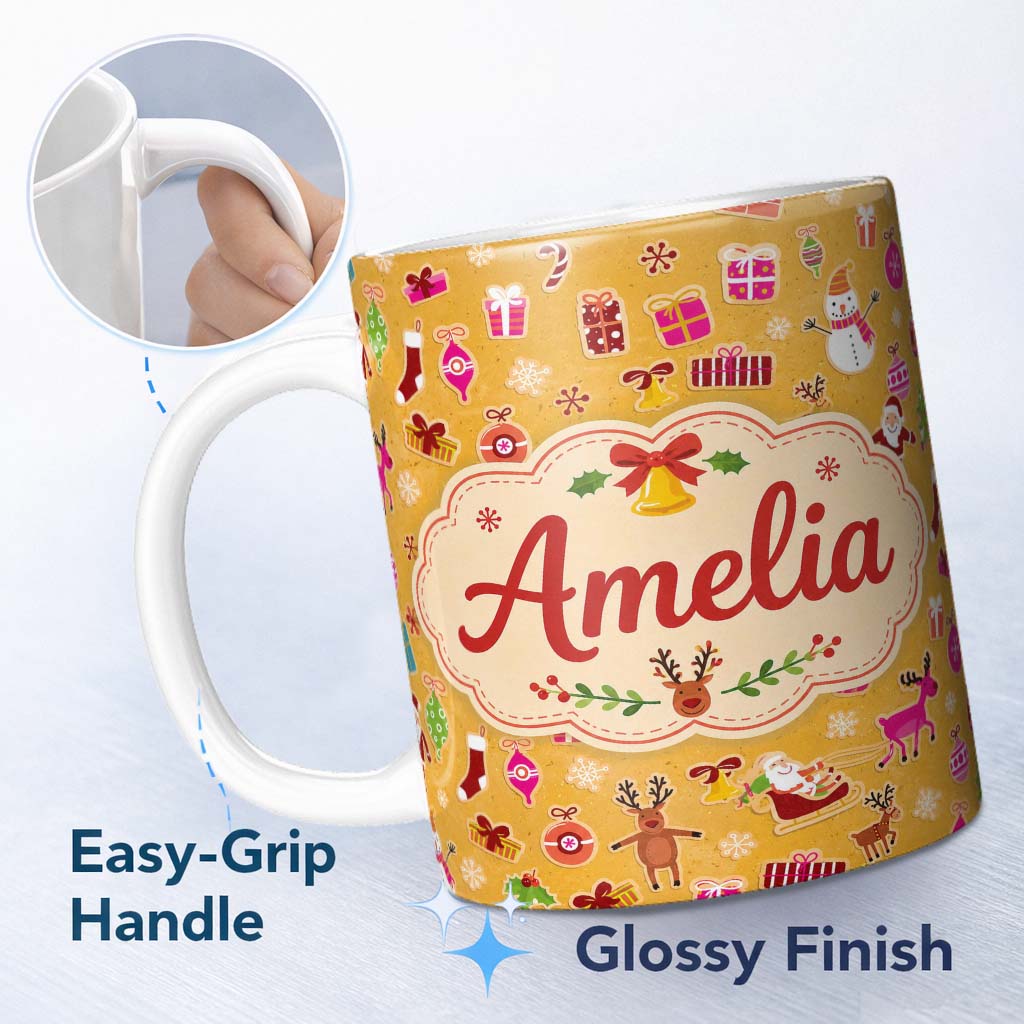 Personalized Custom Name Pink Christmas Cookies Mug Candy Cane Star Sweets Festive Seamless 11oz Ceramic Coffee Tea Mug White Large Handle