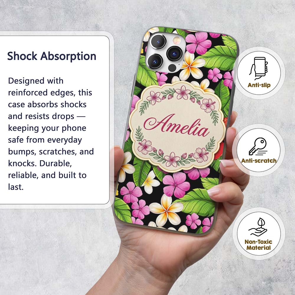 Tropical Hibiscus Flowers Plumeria Printed Design Custom Name Protective Phone Case Mobile Cover Durable Everyday Smartphone Shock Resistant