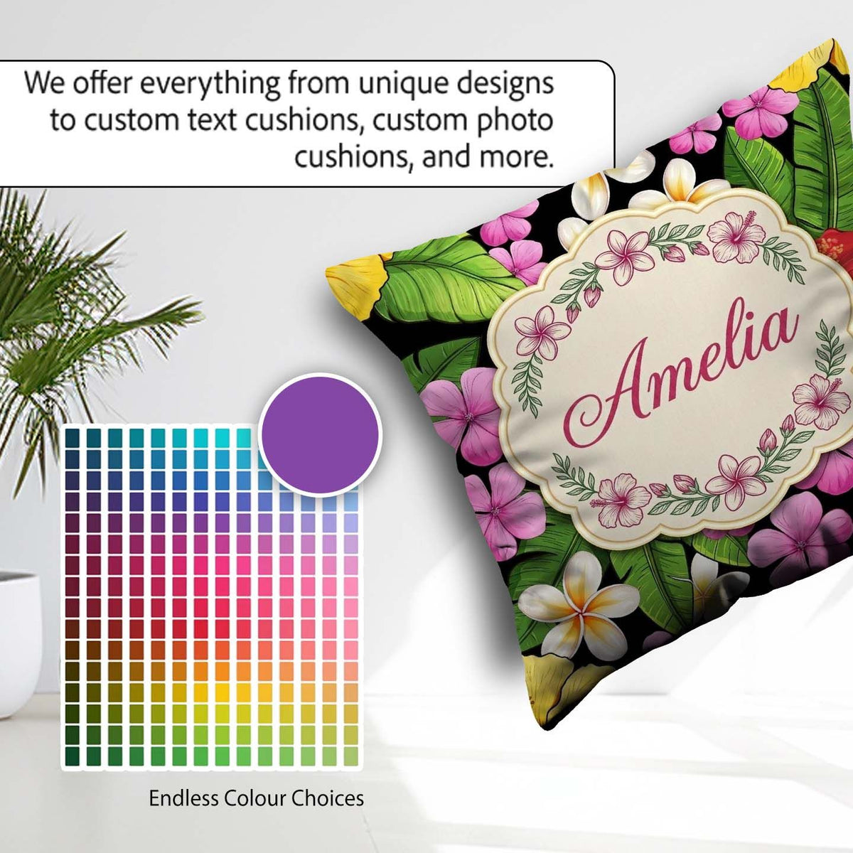 Custom Name Tropical Hibiscus Plumeria Leaves Seamless Name Cute Square Filled Cushion Throw Pillow Sofa Bed Home Decor Zip Washable UK Made