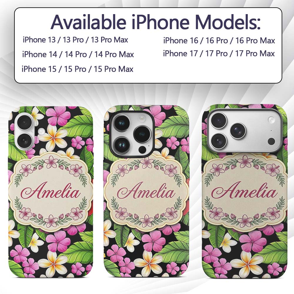 Tropical Hibiscus Flowers Plumeria Printed Design Custom Name Protective Phone Case Mobile Cover Durable Everyday Smartphone Shock Resistant