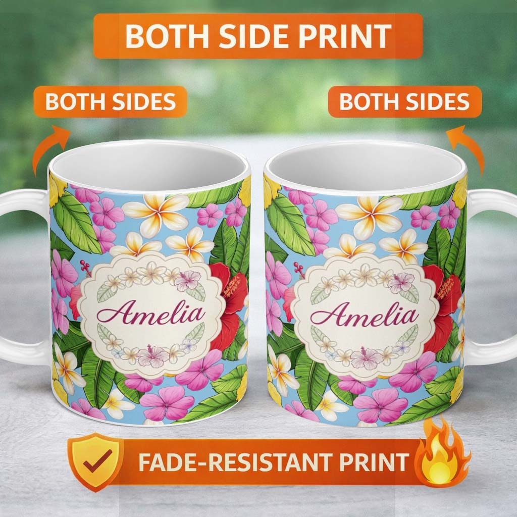 Personalized Custom Name Tropical Hibiscus Flowers Blue Background Plumeria Leaves Seamless 11oz Ceramic Coffee Tea Mug White Large Handle