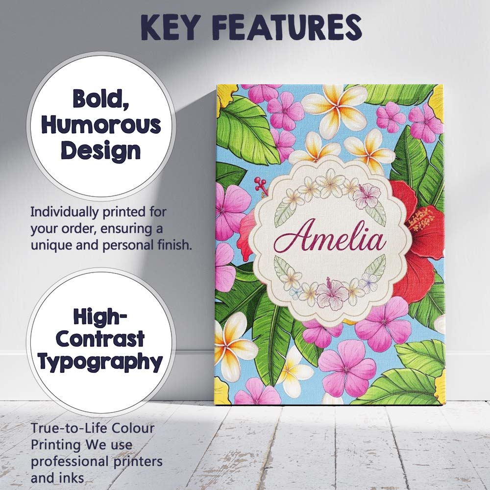 Personalised Name Tropical Hibiscus Flowers Custom  Bespoke Interior Contemporary Canvas Wall Art Print Decor Picture Ready to Hang