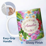 Personalized Custom Name Tropical Hibiscus Flowers Blue Background Plumeria Leaves Seamless 11oz Ceramic Coffee Tea Mug White Large Handle