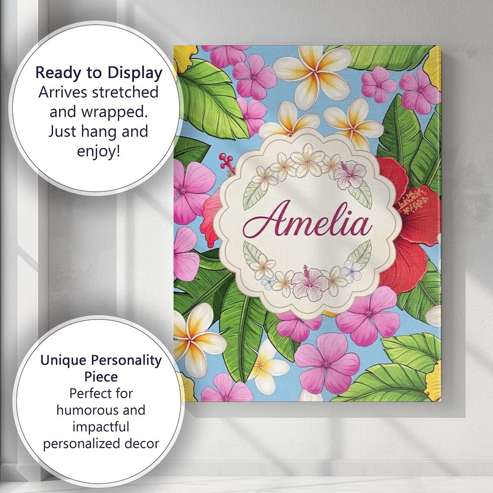 Personalised Name Tropical Hibiscus Flowers Custom  Bespoke Interior Contemporary Canvas Wall Art Print Decor Picture Ready to Hang
