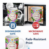 Personalized Custom Name Tropical Hibiscus Flowers Blue Background Plumeria Leaves Seamless 11oz Ceramic Coffee Tea Mug White Large Handle