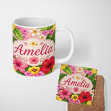 Personalized Custom Name Tropical Hibiscus Flowers Beige Background Plumeria Leaves Seamless 11oz Ceramic Coffee Tea Mug White Large Handle