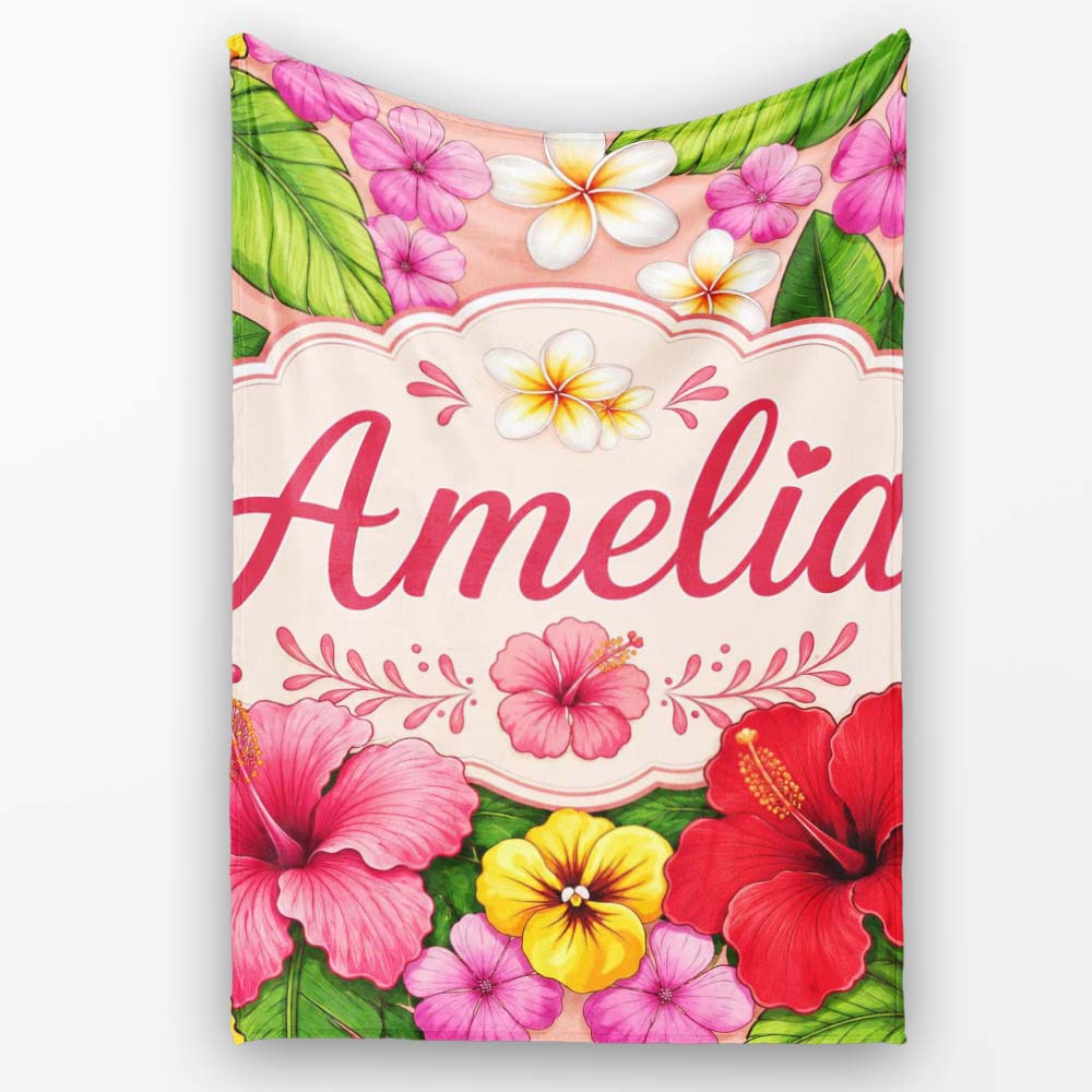Tropical Hibiscus Flowers Beige Background Plumeria Leaves Seamless  Personalised Custom Name Super Soft Fleece Blanket Bed Sofa Throw