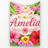 Tropical Hibiscus Flowers Beige Background Plumeria Leaves Seamless  Personalised Custom Name Super Soft Fleece Blanket Bed Sofa Throw