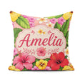 Custom Name Tropical Hibiscus Flowers Background Plumeria Leaves Square Filled Cushion Throw Pillow Sofa Bed Home Decor Zip Washable UK Made