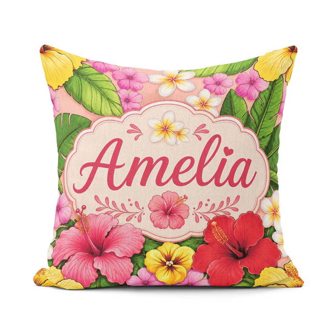 Custom Name Tropical Hibiscus Flowers Background Plumeria Leaves Square Filled Cushion Throw Pillow Sofa Bed Home Decor Zip Washable UK Made