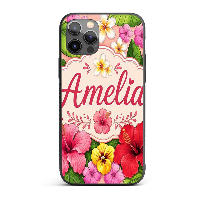 Tropical Hibiscus Flowers Beige Printed Design Custom Name Protective Phone Case Mobile Cover Durable Everyday Smartphone Shock Resistant