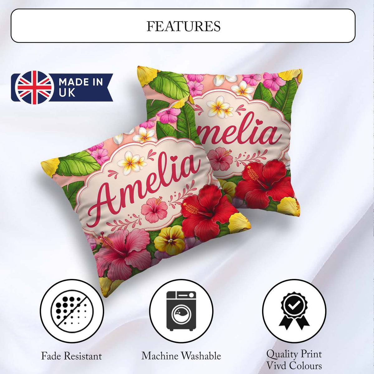 Custom Name Tropical Hibiscus Flowers Background Plumeria Leaves Square Filled Cushion Throw Pillow Sofa Bed Home Decor Zip Washable UK Made