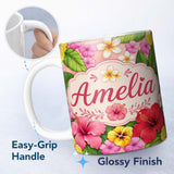 Personalized Custom Name Tropical Hibiscus Flowers Beige Background Plumeria Leaves Seamless 11oz Ceramic Coffee Tea Mug White Large Handle