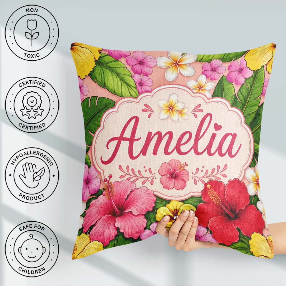 Custom Name Tropical Hibiscus Flowers Background Plumeria Leaves Square Filled Cushion Throw Pillow Sofa Bed Home Decor Zip Washable UK Made