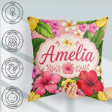 Custom Name Tropical Hibiscus Flowers Background Plumeria Leaves Square Filled Cushion Throw Pillow Sofa Bed Home Decor Zip Washable UK Made