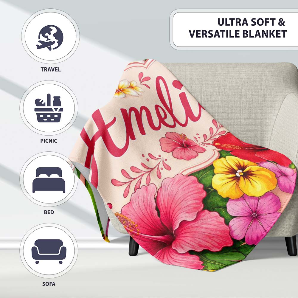 Tropical Hibiscus Flowers Beige Background Plumeria Leaves Seamless  Personalised Custom Name Super Soft Fleece Blanket Bed Sofa Throw