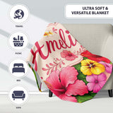 Tropical Hibiscus Flowers Beige Background Plumeria Leaves Seamless  Personalised Custom Name Super Soft Fleece Blanket Bed Sofa Throw