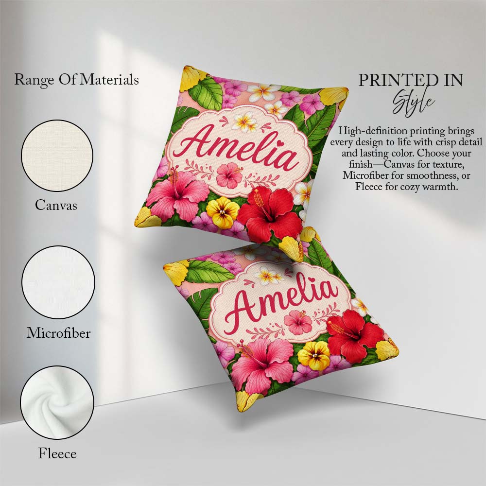 Custom Name Tropical Hibiscus Flowers Background Plumeria Leaves Square Filled Cushion Throw Pillow Sofa Bed Home Decor Zip Washable UK Made