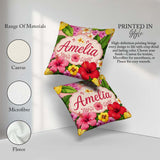 Custom Name Tropical Hibiscus Flowers Background Plumeria Leaves Square Filled Cushion Throw Pillow Sofa Bed Home Decor Zip Washable UK Made
