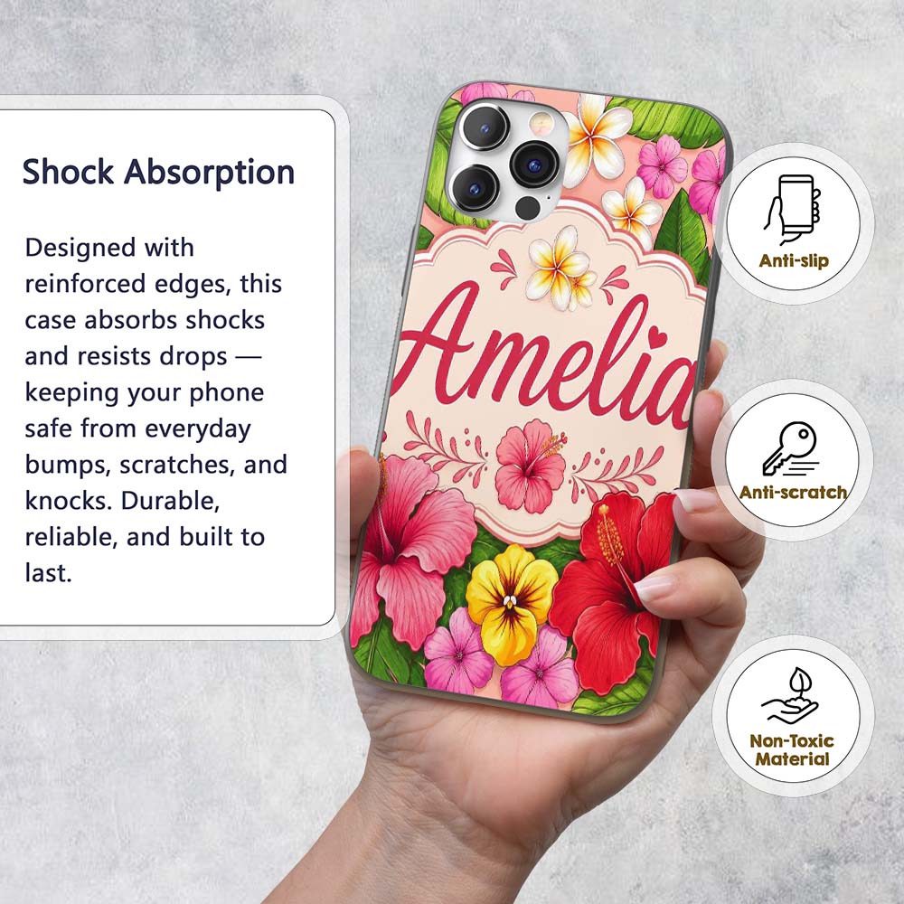 Tropical Hibiscus Flowers Beige Printed Design Custom Name Protective Phone Case Mobile Cover Durable Everyday Smartphone Shock Resistant