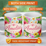 Personalized Custom Name Tropical Hibiscus Flowers Mint Background Plumeria Leaves Seamless 11oz Ceramic Coffee Tea Mug White Large Handle