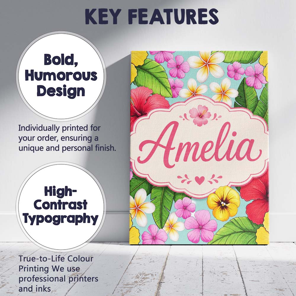 Personalised Name Tropical Hibiscus Flowers Custom  Bespoke Interior Contemporary Canvas Wall Art Print Decor Picture Ready to Hang