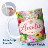 Personalized Custom Name Tropical Hibiscus Flowers Mint Background Plumeria Leaves Seamless 11oz Ceramic Coffee Tea Mug White Large Handle