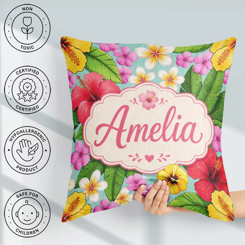 Custom Name Tropical Hibiscus Flowers Background Plumeria Leaves Square Filled Cushion Throw Pillow Sofa Bed Home Decor Zip Washable UK Made