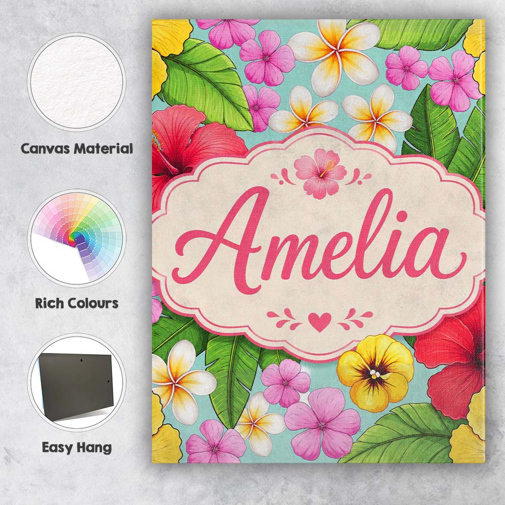 Personalised Name Tropical Hibiscus Flowers Custom  Bespoke Interior Contemporary Canvas Wall Art Print Decor Picture Ready to Hang