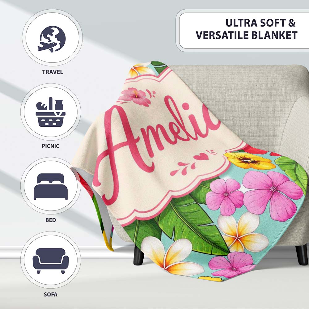 Tropical Hibiscus Flowers Mint Background Plumeria Leaves Seamless  Personalised Custom Name Super Soft Fleece Blanket Bed Sofa Throw