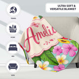 Tropical Hibiscus Flowers Mint Background Plumeria Leaves Seamless  Personalised Custom Name Super Soft Fleece Blanket Bed Sofa Throw