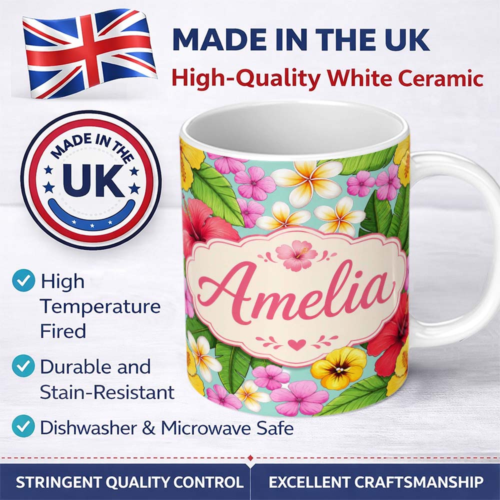 Personalized Custom Name Tropical Hibiscus Flowers Mint Background Plumeria Leaves Seamless 11oz Ceramic Coffee Tea Mug White Large Handle