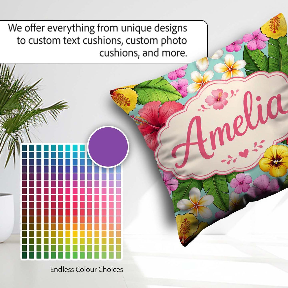 Custom Name Tropical Hibiscus Flowers Background Plumeria Leaves Square Filled Cushion Throw Pillow Sofa Bed Home Decor Zip Washable UK Made