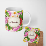 Personalized Custom Name Tropical Hibiscus Flowers Soft Pink Background Plumeria Leaves 11oz Ceramic Coffee Tea Mug White Large Handle