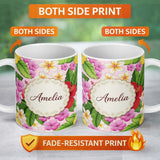 Personalized Custom Name Tropical Hibiscus Flowers Soft Pink Background Plumeria Leaves 11oz Ceramic Coffee Tea Mug White Large Handle