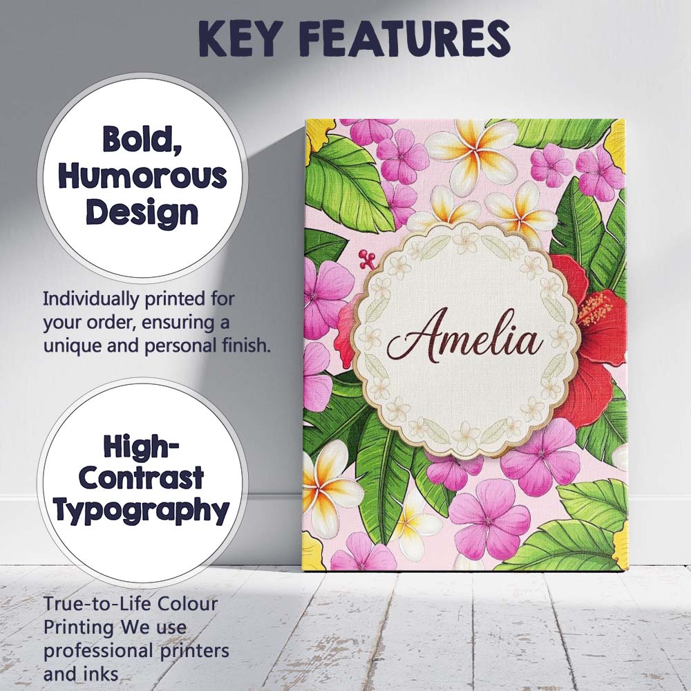 Personalised Name Tropical Hibiscus Flowers Custom  Bespoke Interior Contemporary Canvas Wall Art Print Decor Picture Ready to Hang