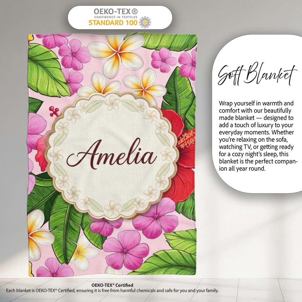 Tropical Hibiscus Flowers Soft Pink Background Plumeria Leaves  Personalised Custom Name Super Soft Fleece Blanket Bed Sofa Throw