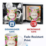 Personalized Custom Name Tropical Hibiscus Flowers Soft Pink Background Plumeria Leaves 11oz Ceramic Coffee Tea Mug White Large Handle